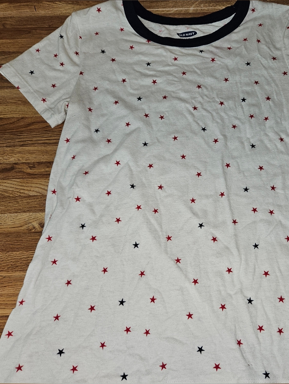 Old Navy White Tee with Navy Trim and Subtle Red Accent